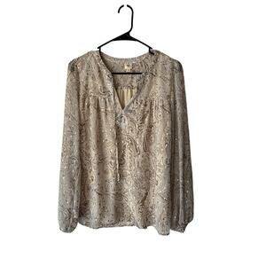 Autres Filles Sheer Paisley Blouse S‎ Boho Gold Metallic Peasant Top Lined